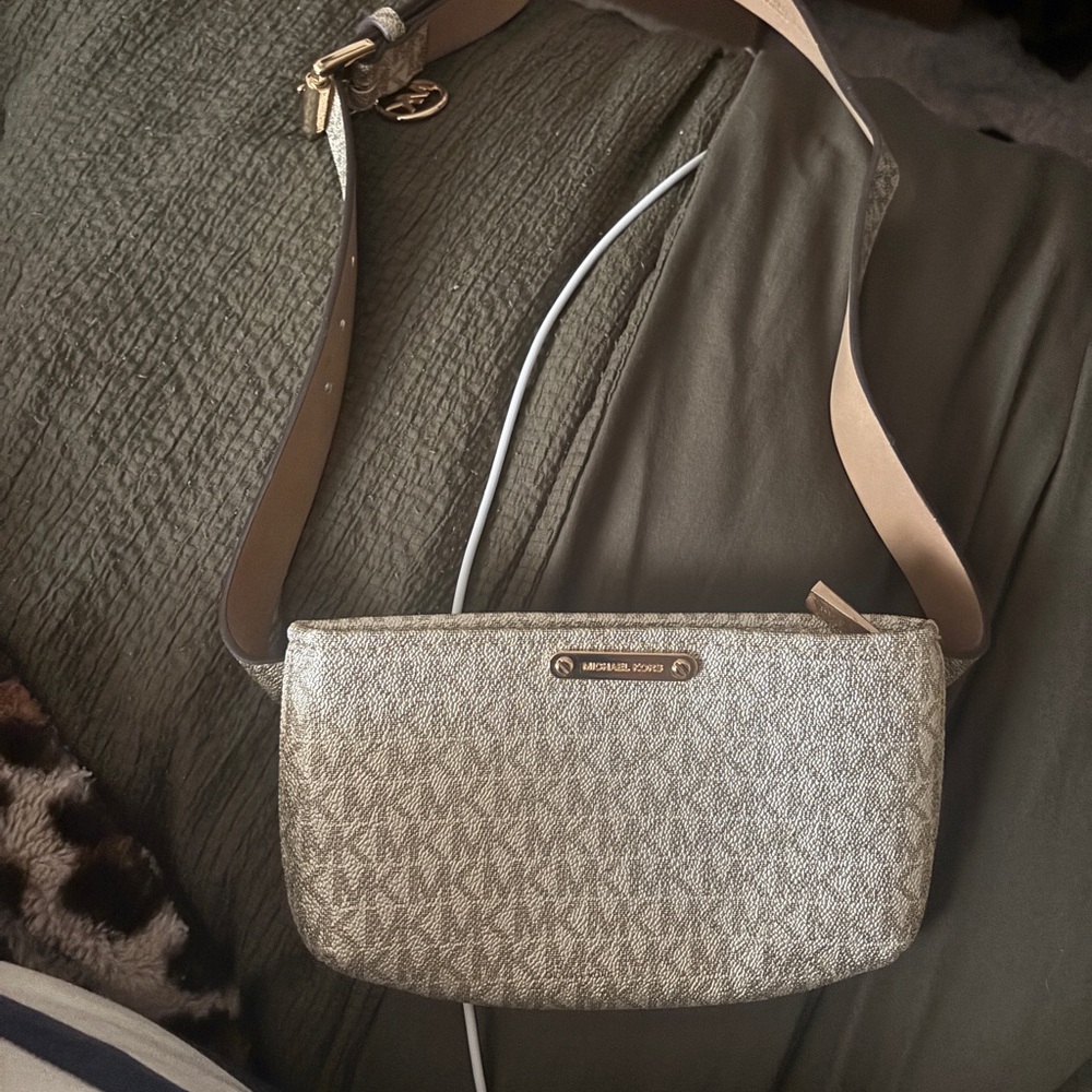 Michael Kors Beige Metallic Logo Crossbody Bag